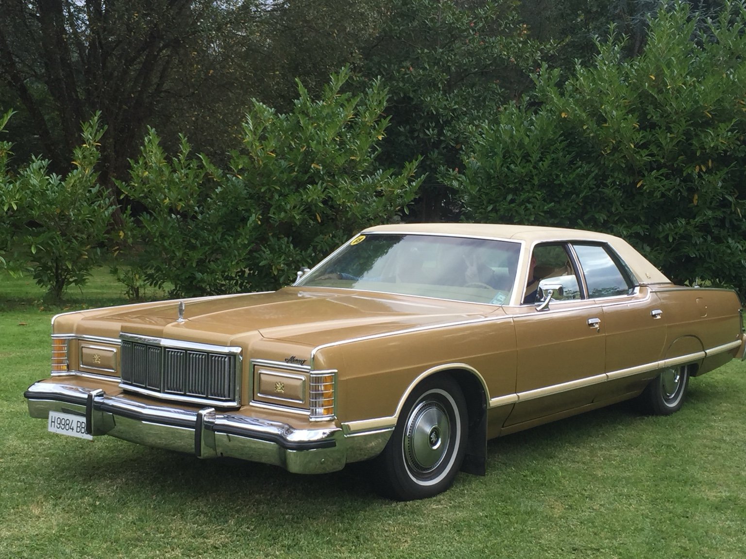Mercury Marquis de los años 70 color dorado en jardín